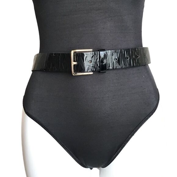 MICHAEL Michael Kors Black Synthetic Patent Leather Logo MK Belt Size Medium - Picture 1 of 11